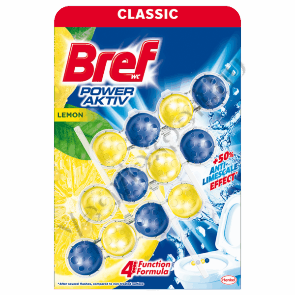 Bref Power Aktiv WC frissítő Lemon 150 g (3 x 50 g) Friss citrusenergia minden öblítésnél!