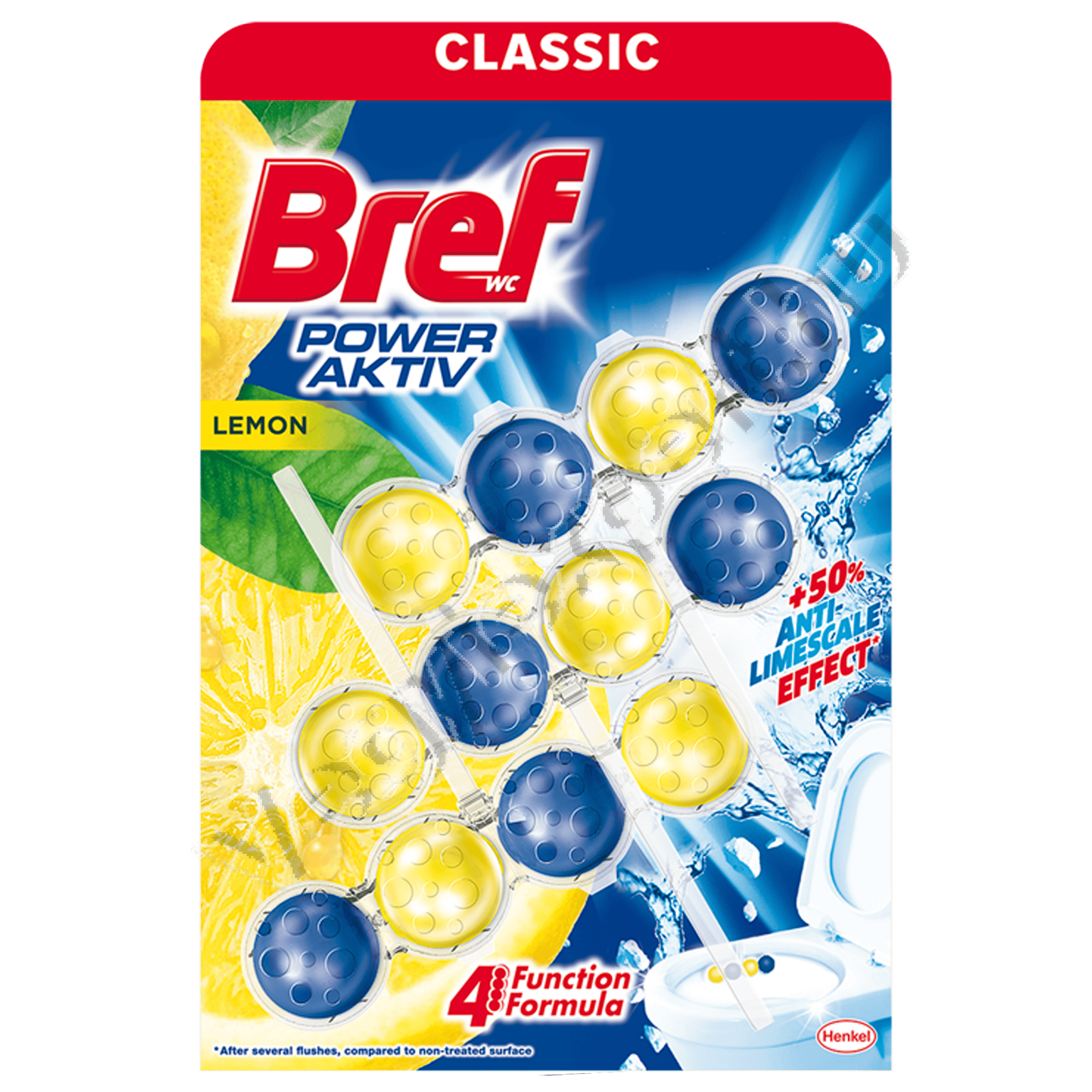 wcillatositok_003 Bref Power Aktiv WC frissítő Lemon 150 g (3 x 50 g) Friss citrusenergia minden öblítésnél! - Image 1